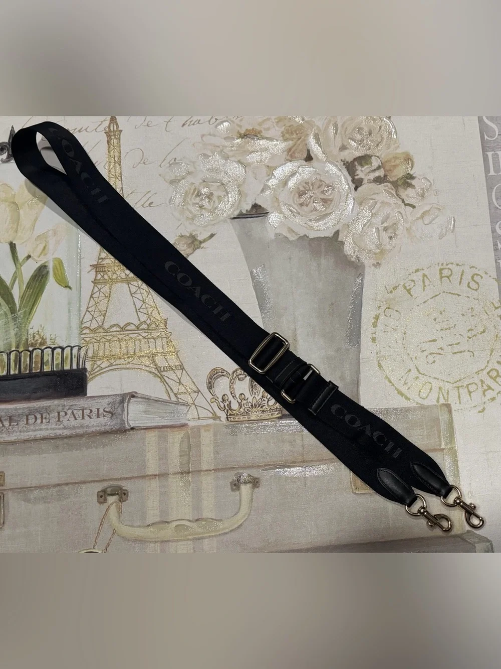 Coach Black Adjustable Logo Strap with Gold Hardware